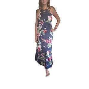Tamara Catz Navy Floral Spaghetti Strap Sun Dress M Butterflies Tropical Vaca